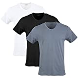 Gildan Men's Cotton Stretch T-Shirts, Multipack, White/Black Soot/Grey Flannel (V-Neck 3-Pack), Large