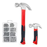 C&T 2 Piece Hammer Set ,8oz Stubby Claw Hammer With Magnetic Nail Starter & 16oz Fiberglass General Purpose Claw Hammer & 560pcs Hardware Nail Assortment Kit, Soft Nonslip Handle & Heat Treated Head