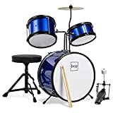 Best Choice Products Kids Beginner 3-Piece Drum Set, Junior Size Musical Instrument Practice Kit w/ Sticks, Cushioned Stool, Cymbal, 2 Toms, Bass, Drum Pedal - Blue