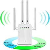 WiFi Range Extender, 1200Mbps Wireless Signal Repeater Booster, Dual Band 2.4G and 5G Expander, 4 Antennas 360° Full Coverage, Extend WiFi Signal to Smart Home & Alexa Devices（XM1200W12）