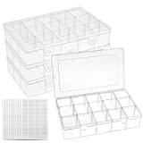 BAKHUK 4 Pack 15 Grids Storage Container Plastic Washi Tape Organizer, 15 Compartments Clear Craft Box with Adjustable Divider Removable for Sewing, Tackle, Thread, Art DIY, Beads,10.8x6.5x2.2in