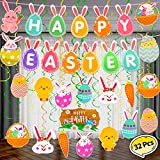 Easter Decorations Hanging Swirls, 32Pcs Happy Easter Banner Cute Bunny Hanging Swirl Set Foil Ceiling Streamers for Easter Party Supplies Spring Party Office Classroom Decoration