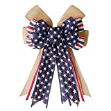 Patriotic Bow, Red White Blue Stars Burlap Bow Wreath Bow Holiday Bow for Memorial Day, 4th of July, Independence Day, Veteran's Day, Christmas,Thanksgiving, Indoor Outdoor Decorations