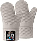 Gorilla Grip Heat Resistant Silicone Oven Mitts Set, Soft Quilted Lining, Extra Long, Waterproof Flexible Gloves for Cooking and BBQ, Kitchen Mitt Potholders, Easy Clean, Set of 2, Almond