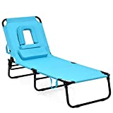 Goplus Folding Lounge Chair for Beach Poolside Balcony Patio, Portable Recliner w/Tanning Face Down Hole and Pillow (1, Sky Blue)
