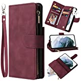 ZZXX Samsung Galaxy S22+ Plus Case Wallet with Card Slot Premium Soft PU Leather Zipper Flip Folio with Wrist Strap Kickstand Protective for Samsung S22+ Plus Wallet Case(Wine Red-6.6 inch)