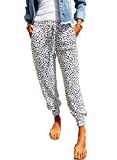 Acelitt Women Ladies Casual Fashion Fall White Leopard Print Joggers Pants Workout Yoga Sport Sport Running Sweatpants Pants with Pockets Medium