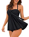 LookbookStore Women's Halter Bandeau Crisscross Tankini Set Two Pieces Swimsuits Black Large (Fits US 12-US 14)