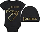 LOTR Baby Onesie and Hat - It Comes In Pints? - Halfling (0-3 Month - Black Fabric - Gold Design)