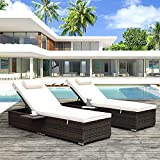 2 Pieces Patio Rattan Reclining Chair Set,Outdoor PE Wicker Chaise Lounge with Shelving Board, Adjustable Backrest Recliners with Cushions and Head Pillow, for Garden Beach Pool (Beige Cushion)