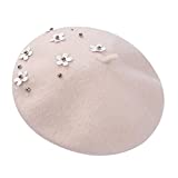Baby Kids Woolen Beret Hat Toddler Girls Floral Beanie Bailey Cap Solid Color Dome Headwear (Beige, One Size)