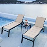 PURPLE LEAF Outdoor Chaise Lounge 3 Pieces Aluminum Patio Lounge Chair with Side Table and Wheels All Weather Outdoor Reclining Chair for Patio Pool Beach Sunbathing Chair, Beige