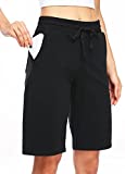 Willit Women's 10" Bermuda Shorts Cotton Long Shorts Jersey Shorts Athletic Yoga Workout Lounge Shorts with Pockets Black L