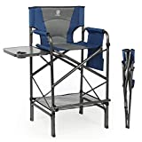 EVER ADVANCED Tall Folding Chair 30.7" Seat Height Directors Chair High Foldable Bar Stool for Makeup Artist Face Painting with Side Table Cup Holder and Storage Pocket Supports 350LBS (Blue/Grey)