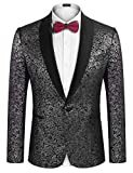 COOFANDY Men's Floral Suit Jacket One Button Stylish Jacquard Dinner Jacket Tuxedo Blazer for Wedding,Party,Prom Silver