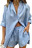 Fixmatti Women Summer Shorts Set Two Piece Outfits Button Down Shirt Short Pant Sweatsuit Blue L