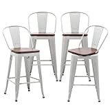 Alunaune 24" Swivel Metal Bar Stools Set of 4 High Back Counter Height Barstools Industrial Dining Bar Chairs with Large Wooden Seat-White