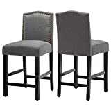Bar Stools Set of 2, 24 inch Kitchen Island Wood Bar Chairs, Fabric Counter Height bar Stool, Upholstered Barstools, Grey