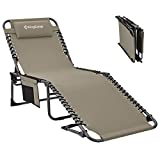 KingCamp Folding Chaise Lounge Chair for Outside Beach, Sunbathing, Patio, Pool, Lawn, Deck, Lay Flat Adjustable 5-Position Portable Heavy-Duty Camping Reclining Lounge Chair with Pillow, Beige