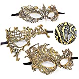 Masquerade Mask for Women Lace Carnival Mardi Gras Mask Prom Ball Bar Costume Party Supplies (3 Style Gold)