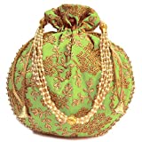 Indian Ethnic Designer Embroidered Silk Potli Bag Batwa Pearls Handle Purse Clutch Purse for Women Evening Party (Parrot Green)