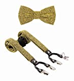 TIE G Men's Glitter Velvet Suspender + Bow Tie Set for Wedding, Party : Glittering Effects, Adjustable Braces, Strong 6 Clips (Twinkle Gold)