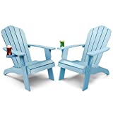 Oversized Plastic Adirondack Chair Set of 2 with Cup-Holder (Large Dual-Purpose), Weather Resistant, Poly Lumber Outdoor Chairs Duty Rating Widely Used in Patio, Lawn, Outside, Deck, Garden Chair-Blue