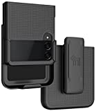Case with Clip for Galaxy Z Flip 3 5G, Nakedcellphone [Grid Texture] Slim Hard Shell Cover and [Rotating/Ratchet] Belt Hip Holster Holder Combo for Samsung Z Flip3 Phone (SM-F711, 2021) - Black