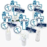 First Communion Blue Elegant Cross - Boy Religious Party Centerpiece Sticks - Table Toppers - Set of 15