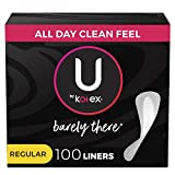 U by Kotex Barely There Thin Panty Liners, Light Absorbency, Regular Length, Unscented, 100 Count (Packaging May Vary)