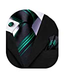 Dubulle Mens Black and Green Stripes Ties for Men Silk Black Green Necktie Set Pocket Square Cufflinks Wedding Tie Set