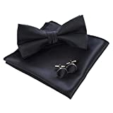 JEMYGINS Mens Black Bow Tie Pre-tied Silk Bowtie and Pocket Square Cufflink Set (1)