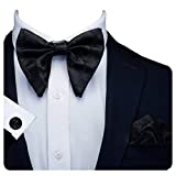 GUSLESON Adjustable Big Bowtie and Pocket Square Cufflink Set Fashion Floral Pre-tied Black Bow Tie (0617-06)