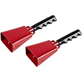 Cowbell with Handle - 2-Pack Cow Bell Noismakers, Loud Call Bells for Cheers, Sports Games, Weddings, Farm, Red, 3 x 9.125 x 2 Inches