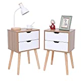 VIPACE Nightstand, End Side Table, Bedside Table with 2 Drawer and Solid Wood Legs, Mid-Century Modern Storage Cabinet for Bedroom Living Room Furniture - Set of 2 (White&Natural)