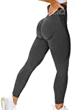 QOQ Women Seamless Leggings High Waist Tummy Control Yoga Pants Workout Gym Compression Tights Grey L