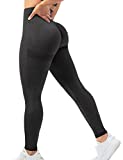 QOQ Womens High Waisted Seamless Workout Leggings Butt Lifting Gym Yoga Pants Booty Scrunch Vital Tummy Control Ruched Tights Black M