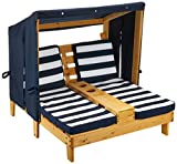 KidKraft Wooden Outdoor Double Chaise Lounge with Cup Holders, Kid's Patio Furniture, Honey with Navy and White Striped Fabric, Gift for Ages 3-8