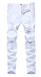 Men's White Skinny Slim Fit Ripped Distressed Destroyed Stretch Jeans Pants,White,34W