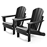 GREENVINES Folding Adirondack Chairs Set of 2, HDPE All-Weather Fire Pit Chairs with Cup Holder, Plastic Campfire Chair for Deck Backyard Patio Outdoor Poolside Porch Lawn Outside, Black