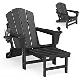 Mdeam Folding Adirondack Chair Lawn Outdoor Fire Pit Chairs Adirondack Chairs Weather Resistant with 2 Cup Holder/Adirondack Retractable OttomanBlack