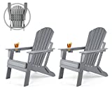 FUNBERRY Folding Adirondack Chair Set of 2, Fire Pit Chairs, Plastic Adirondack Chairs Weather Resistant with Cup Holder, Composite Adirondack Chairs, Grey
