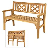 Giantex Patio Wooden Bench, 4 Ft Foldable Acacia Garden Bench, Two Person Loveseat Chair Solid with Curved Backrest and Armrest Ideal for Patio, Porch or Balcony (Teak)