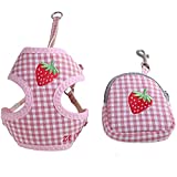 APIOF Cat Harness and Leash Set with Bags for Walking Small Pet Dog Vest Harness Cute Pink Plaid Strawberry Embroidery Soft Mesh Puppy Harness for Kitten Doggie Rabbit