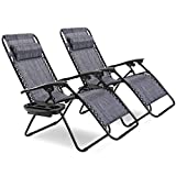 Goplus Zero Gravity Chair, Adjustable Folding Reclining Lounge Chair with Pillow and Cup Holder, Patio Lawn Recliner for Outdoor Pool Camp Yard (Grey, Set of 2)