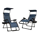 Bliss Hammocks Set of 2 Zero Gravity Chairs, w/Canopy, Pillow and Side Tray, 26" W, Foldable, Adjustable Lounge Recliner, Outdoor Lawn & Patio, Weather Resistant, 300 lbs Capacity, Denim Blue