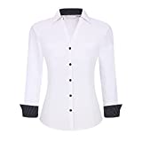WARHORSEE Womens Button Down Shirt Long Sleeve Work Dress Shirts, V Neck Easy Care Stretchy Business Casual Blouses for Women(White,XL)