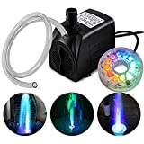 PULACO 10Watt 160GPH Submersible Fountain Pump wiht LED Light for Water Feature, Outdoor Pond, Aquarium fish tanks, Home Dcor Fountain