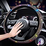 Car Bling Steering Wheel Cover for Women&Girls, Sparkling Car SUV Breathable Anti-Slip Steering Wheel Protector with Colorful Rhinestones+Bling Car Ignition Starters Ring(Fit 14.2"-15.3")