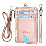 Teskyer Slim Wallet, Credit Card Holder Wallet with Zip Pocket & Neck Lanyard, Minimalist Front Pocket RFID Blocking Leather Wallet for Men & Women